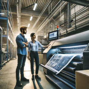 
The image shows two people, a man and a woman, standing in front of an industrial printing machine inside a factory or large workshop. The woman is pointing at a control panel on the machine, which displays various technical data, while the man observes with his arms crossed. A large sheet of printed material, likely newspapers or posters, is being processed through the machine. The industrial environment is filled with metal structures, piping, and lighting, contributing to a modern manufacturing or production atmosphere. The scene suggests a professional collaboration in overseeing or managing a printing process.