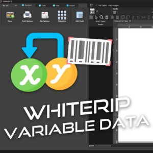 WhiteRIP software interface showing variable data feature with X and Y icons connected by an arrow and a barcode symbol, with toolbar options like 'Open' and 'Rip Options' visible