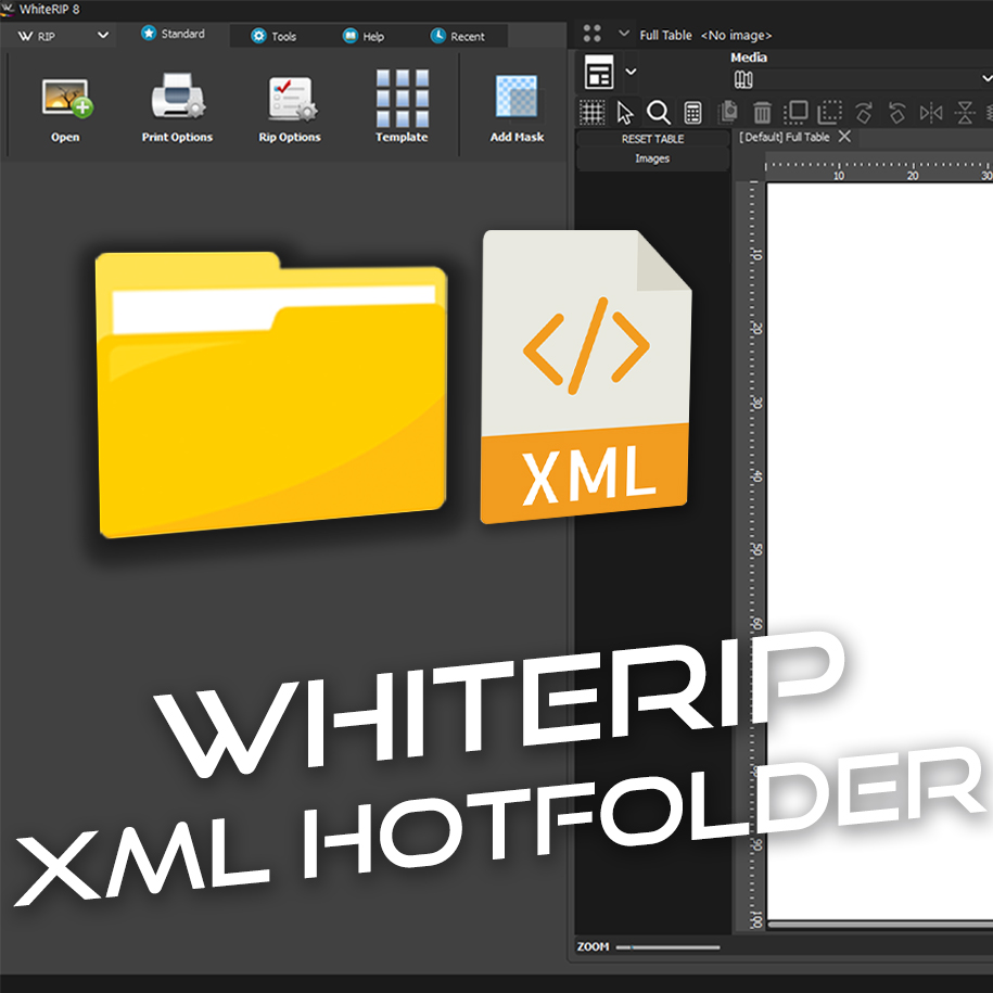 Software interface showcasing XML hotfolder feature in WhiteRIP, with yellow folder and XML file icons, and toolbar options like 'Open' and 'Rip Options.